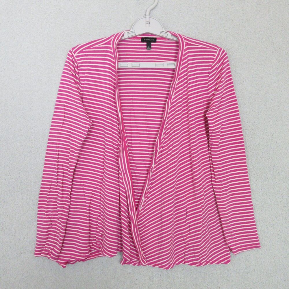 Talbots Cardigan Womens S Pink White Striped Open Front Long Sleeve Lightweight